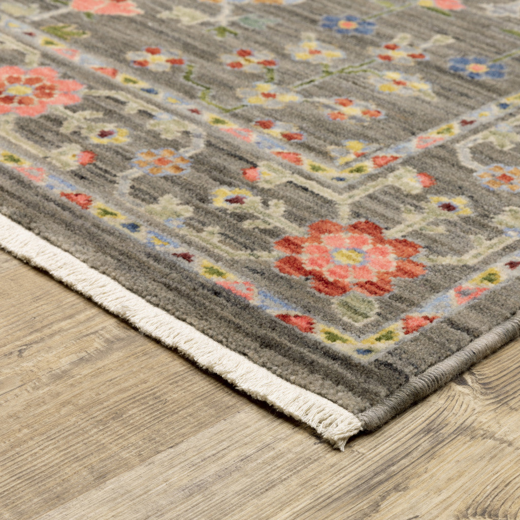 2' X 10' Gray And Ivory Oriental Power Loom Runner Rug With Fringe