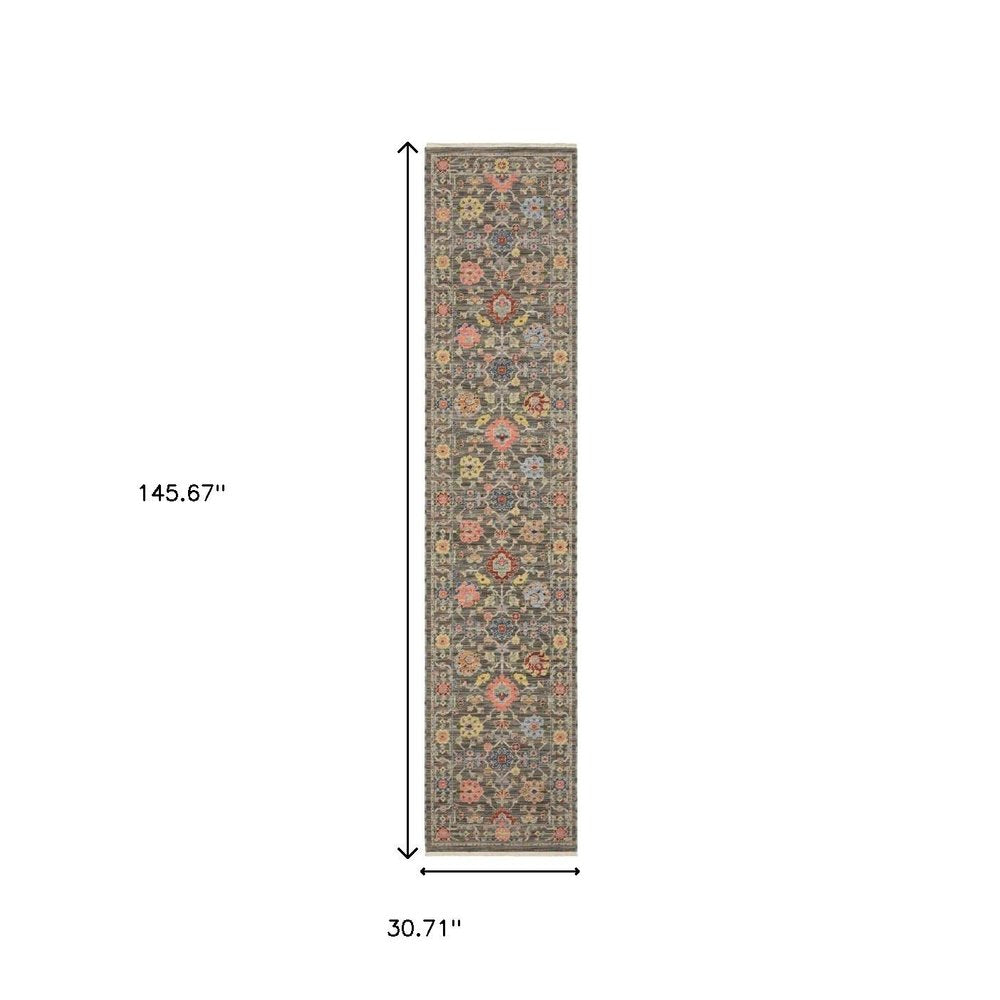 12' Gray And Ivory Genuine Wool Oriental Runner Rug With Fringe