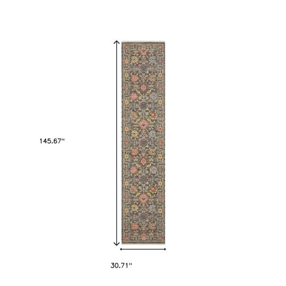 12' Gray And Ivory Genuine Wool Oriental Runner Rug With Fringe