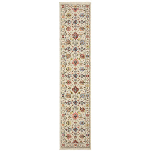 12' Orange And Ivory Genuine Wool Oriental Runner Rug With Fringe