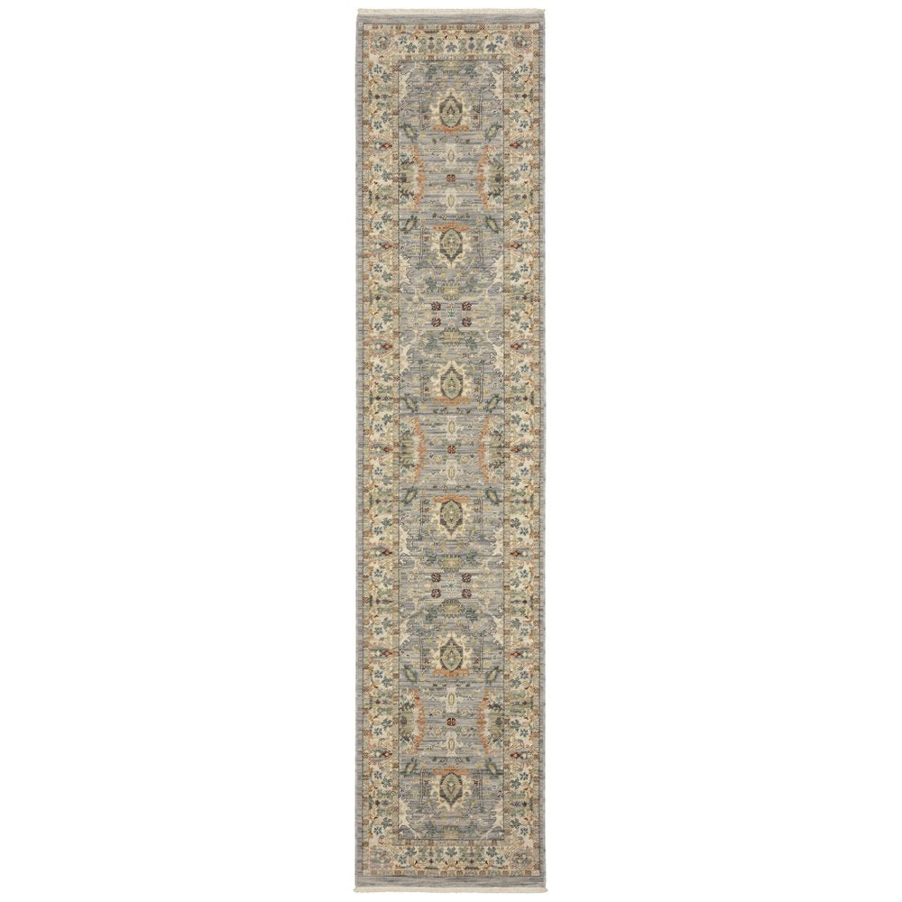12' Gray And Ivory Genuine Wool Oriental Runner Rug With Fringe