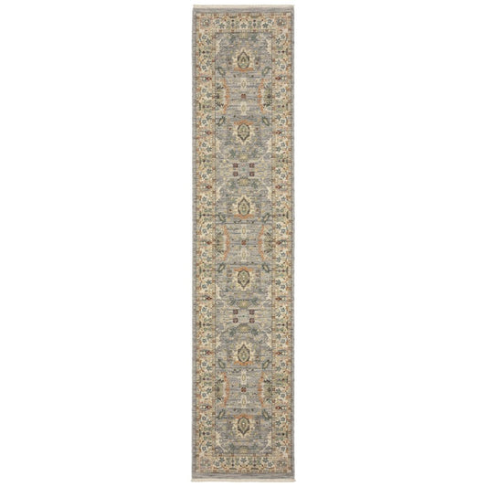 12' Gray And Ivory Genuine Wool Oriental Runner Rug With Fringe