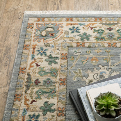 12' Gray And Ivory Genuine Wool Oriental Runner Rug With Fringe
