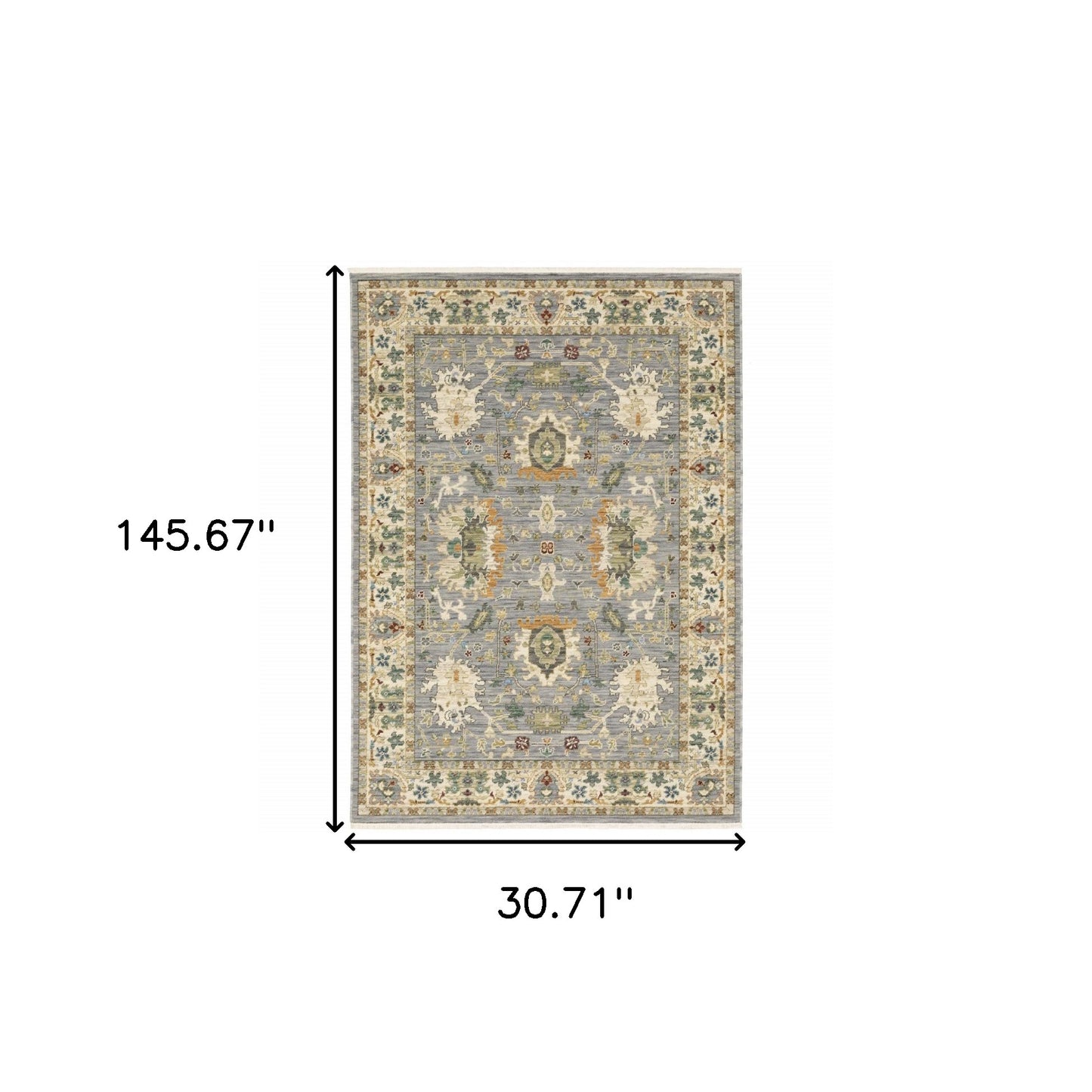 2' X 10' Gray And Ivory Oriental Power Loom Runner Rug With Fringe