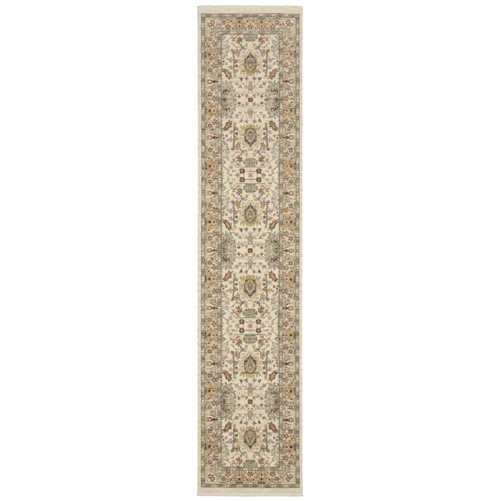 12' Gray And Ivory Genuine Wool Oriental Runner Rug With Fringe