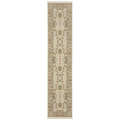 12' Gray And Ivory Genuine Wool Oriental Runner Rug With Fringe