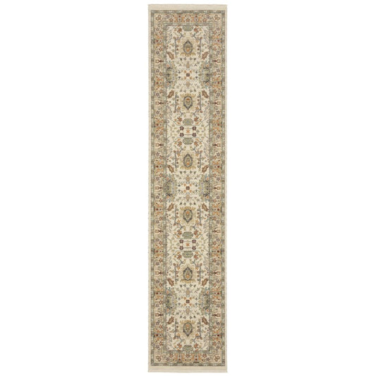 12' Gray And Ivory Genuine Wool Oriental Runner Rug With Fringe