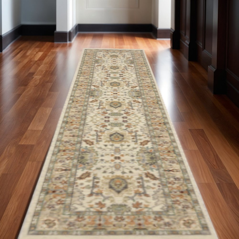 12' Gray And Ivory Genuine Wool Oriental Runner Rug With Fringe