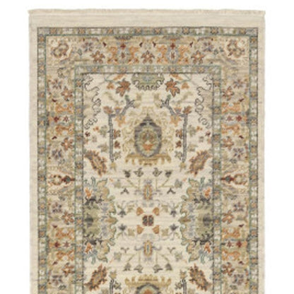 12' Gray And Ivory Genuine Wool Oriental Runner Rug With Fringe