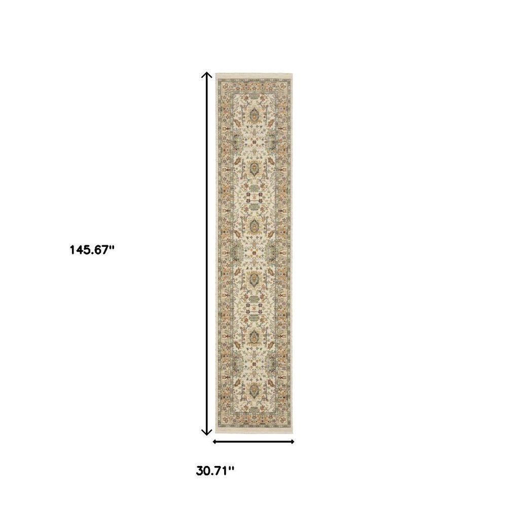 12' Gray And Ivory Genuine Wool Oriental Runner Rug With Fringe