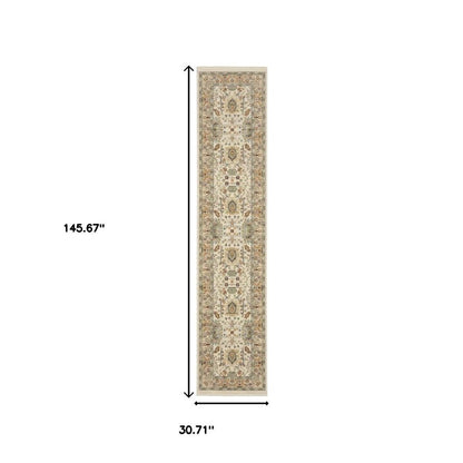 12' Gray And Ivory Genuine Wool Oriental Runner Rug With Fringe