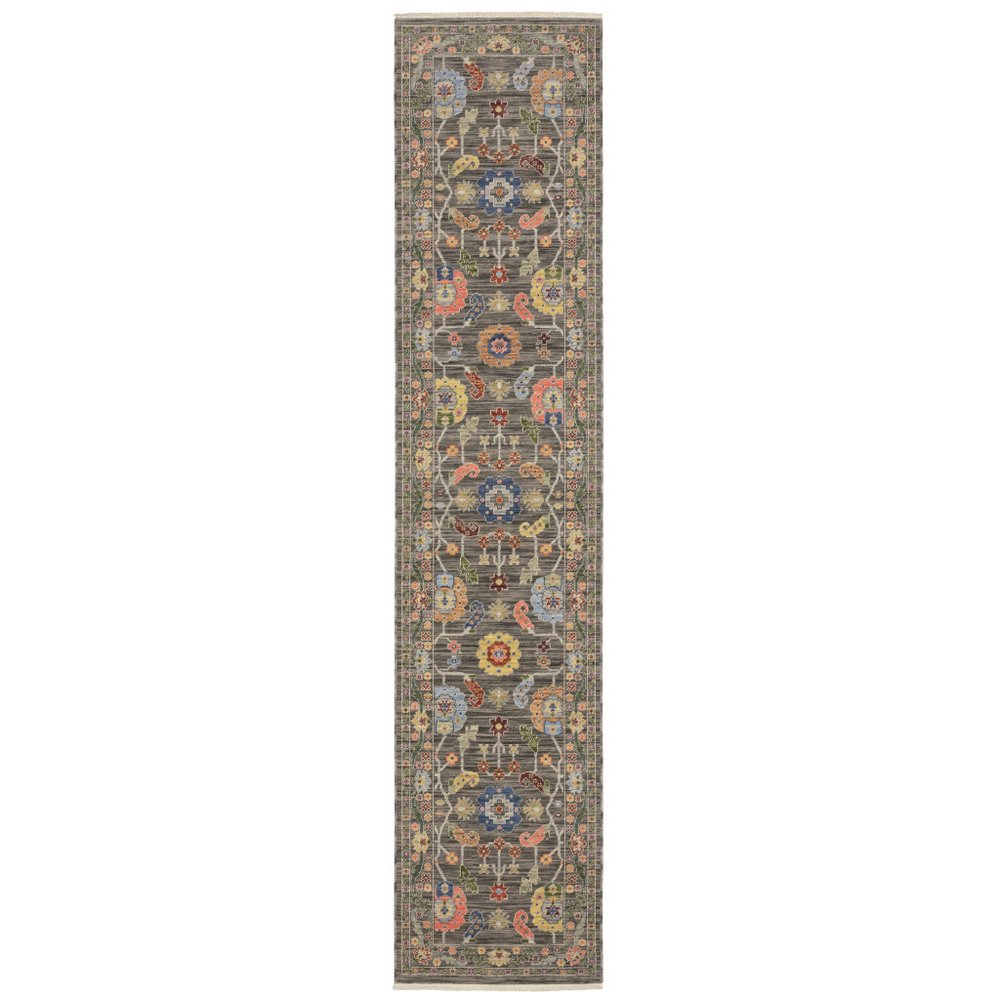 12' Charcoal Genuine Wool Oriental Runner Rug With Fringe