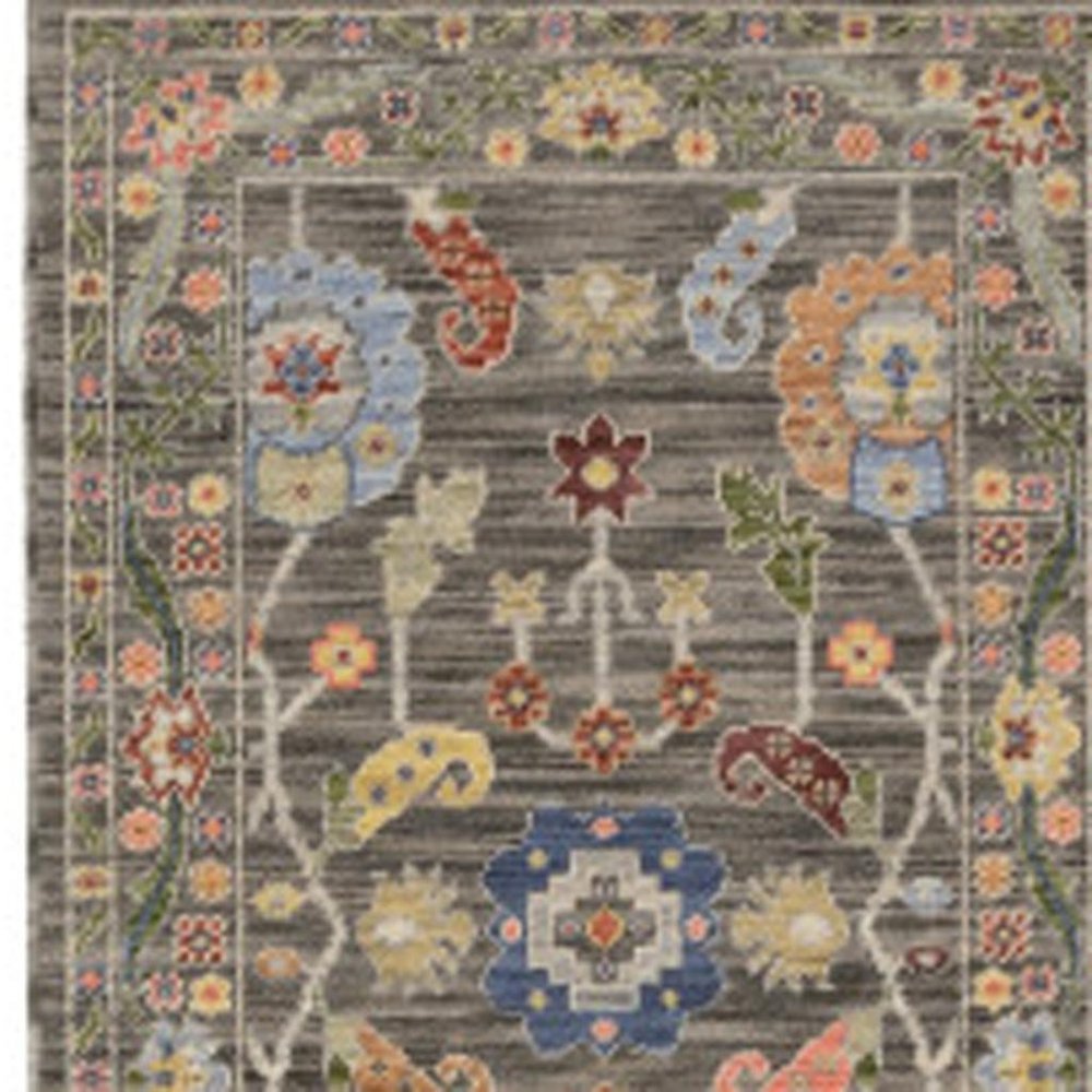 12' Charcoal Genuine Wool Oriental Runner Rug With Fringe