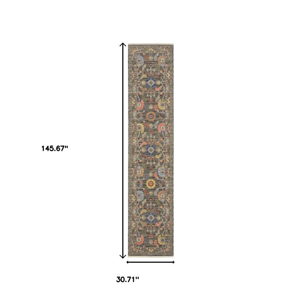 12' Charcoal Genuine Wool Oriental Runner Rug With Fringe