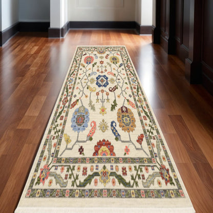 12' Ivory Gray And Red Oriental Runner Rug