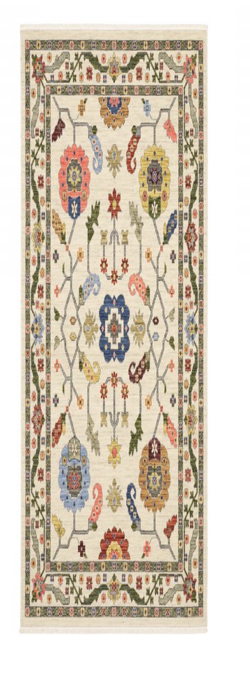 12' Ivory Gray And Red Oriental Runner Rug