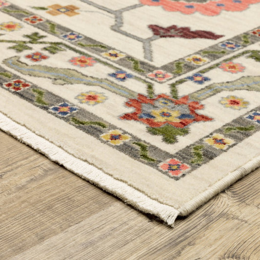 12' Ivory Gray And Red Oriental Runner Rug