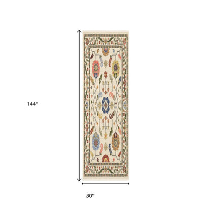 12' Ivory Gray And Red Oriental Runner Rug