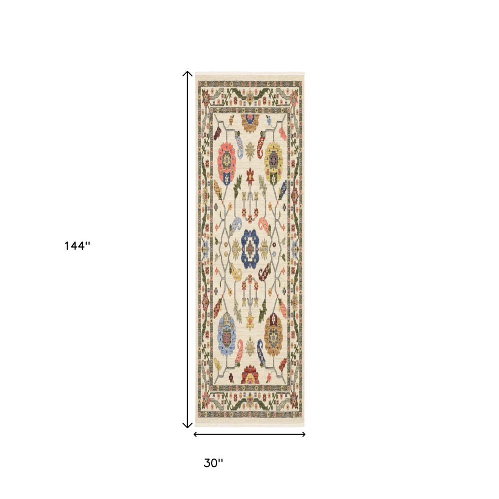 12' Ivory Gray And Red Oriental Runner Rug