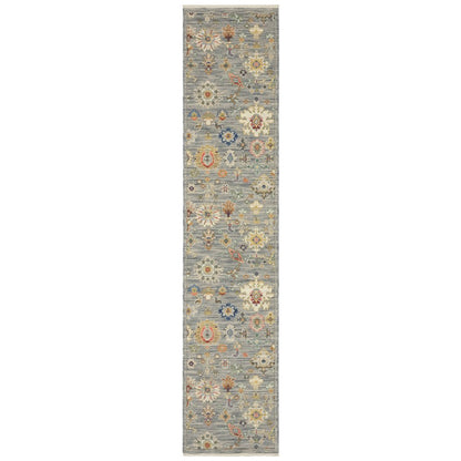 12' Gray And Ivory Genuine Wool Oriental Runner Rug With Fringe