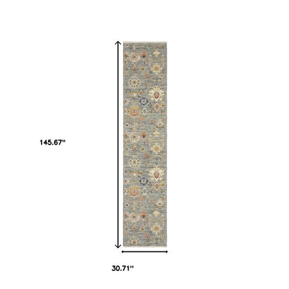 12' Gray And Ivory Genuine Wool Oriental Runner Rug With Fringe