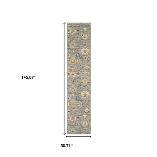 12' Gray And Ivory Genuine Wool Oriental Runner Rug With Fringe