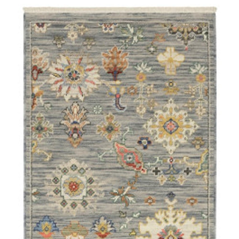 12' Gray And Ivory Genuine Wool Oriental Runner Rug With Fringe