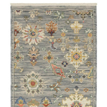12' Gray And Ivory Genuine Wool Oriental Runner Rug With Fringe