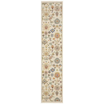 12' Blue And Ivory Genuine Wool Oriental Runner Rug With Fringe