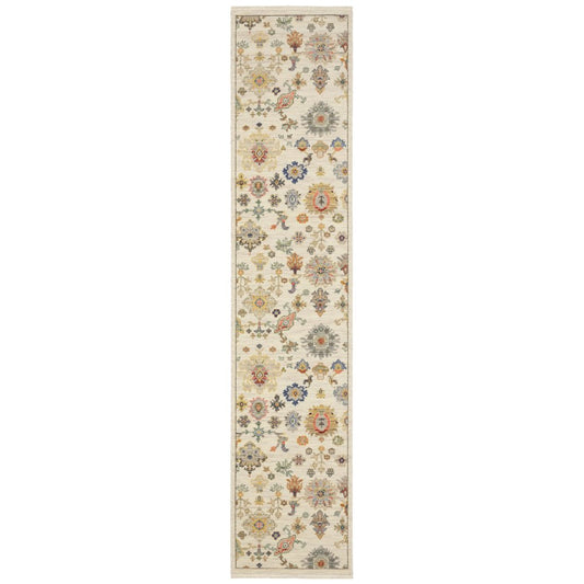 12' Blue And Ivory Genuine Wool Oriental Runner Rug With Fringe