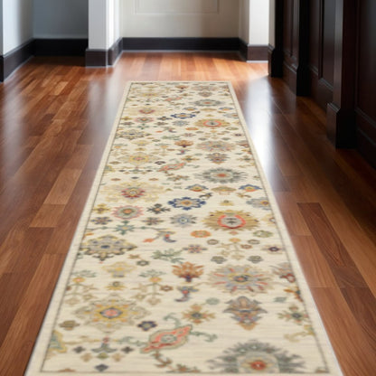12' Blue And Ivory Genuine Wool Oriental Runner Rug With Fringe