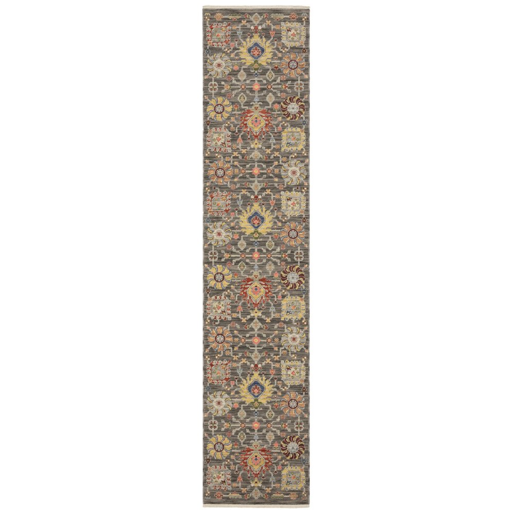 12' Gray And Ivory Genuine Wool Oriental Runner Rug With Fringe