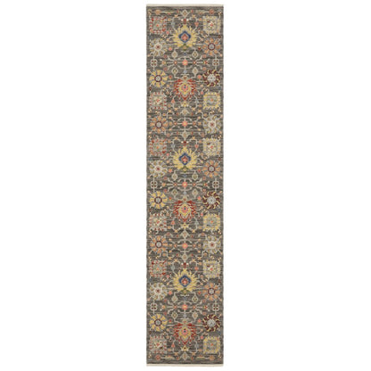 12' Gray And Ivory Genuine Wool Oriental Runner Rug With Fringe