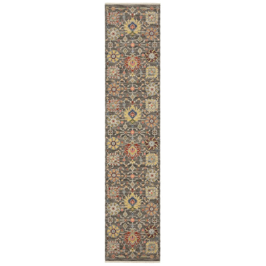 12' Gray And Ivory Genuine Wool Oriental Runner Rug With Fringe