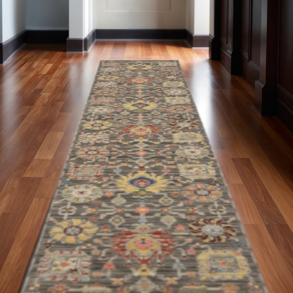 12' Gray And Ivory Genuine Wool Oriental Runner Rug With Fringe