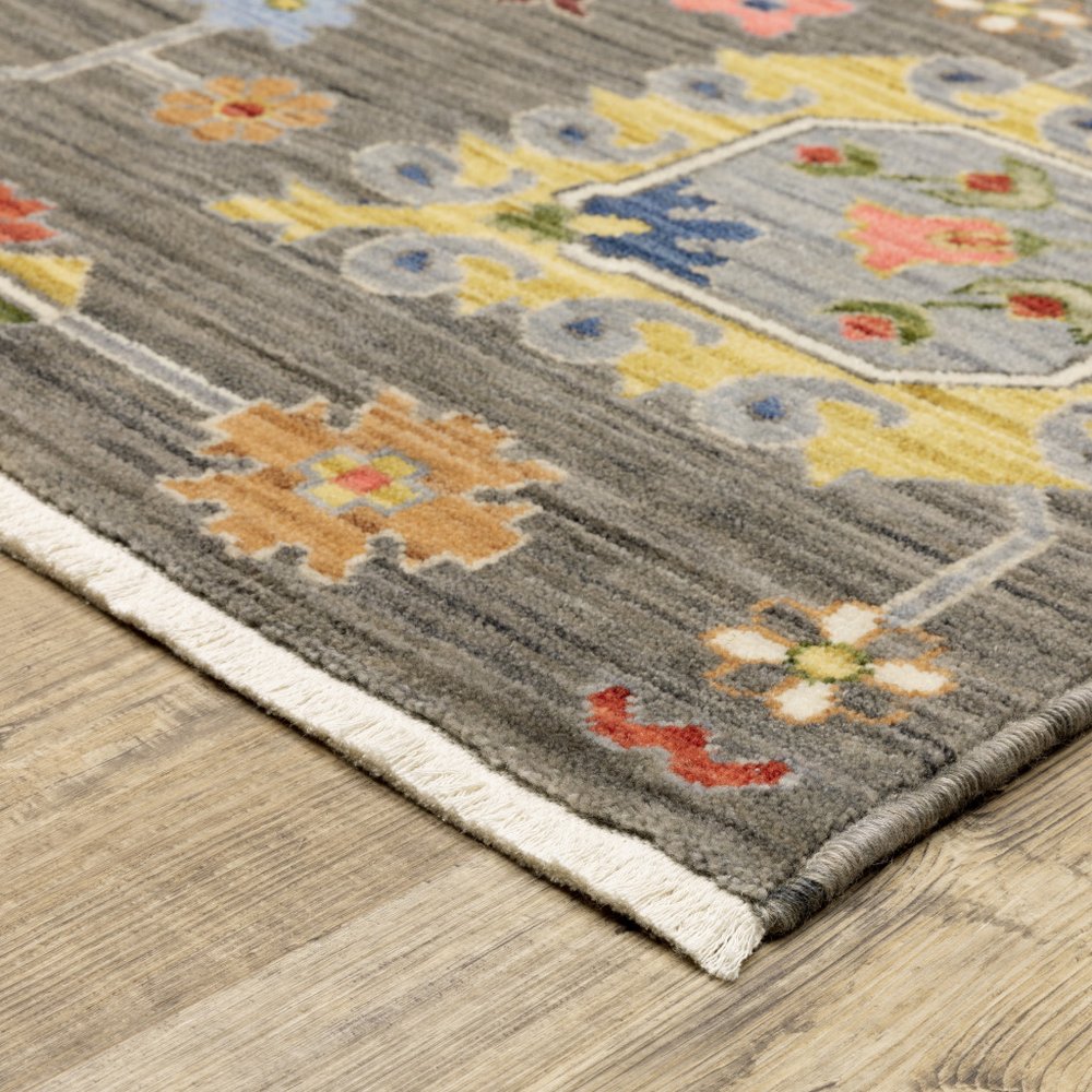12' Gray And Ivory Genuine Wool Oriental Runner Rug With Fringe