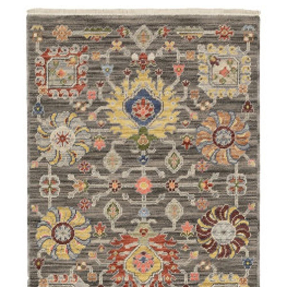 12' Gray And Ivory Genuine Wool Oriental Runner Rug With Fringe