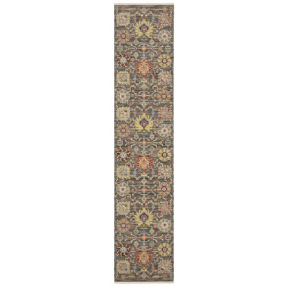 12' Gray And Ivory Genuine Wool Oriental Runner Rug With Fringe