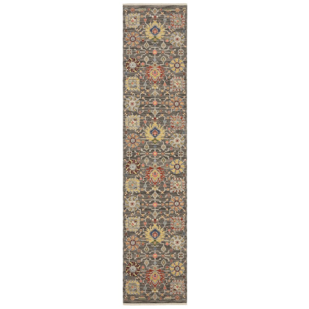 12' Gray And Ivory Genuine Wool Oriental Runner Rug With Fringe