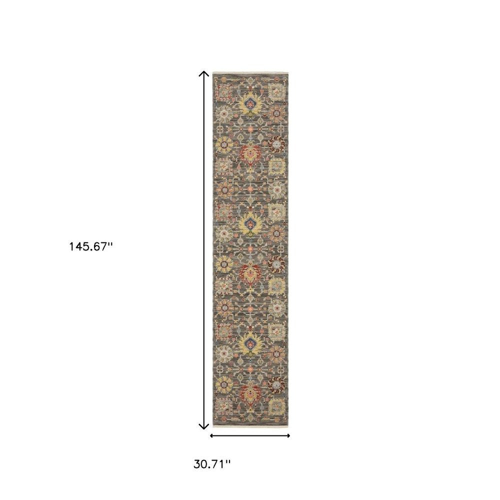 12' Gray And Ivory Genuine Wool Oriental Runner Rug With Fringe
