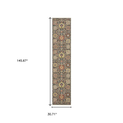 12' Gray And Ivory Genuine Wool Oriental Runner Rug With Fringe