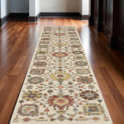 12' Gray And Ivory Genuine Wool Oriental Runner Rug With Fringe