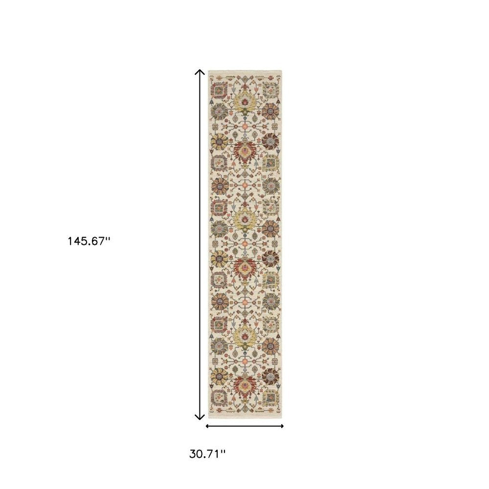 12' Gray And Ivory Genuine Wool Oriental Runner Rug With Fringe