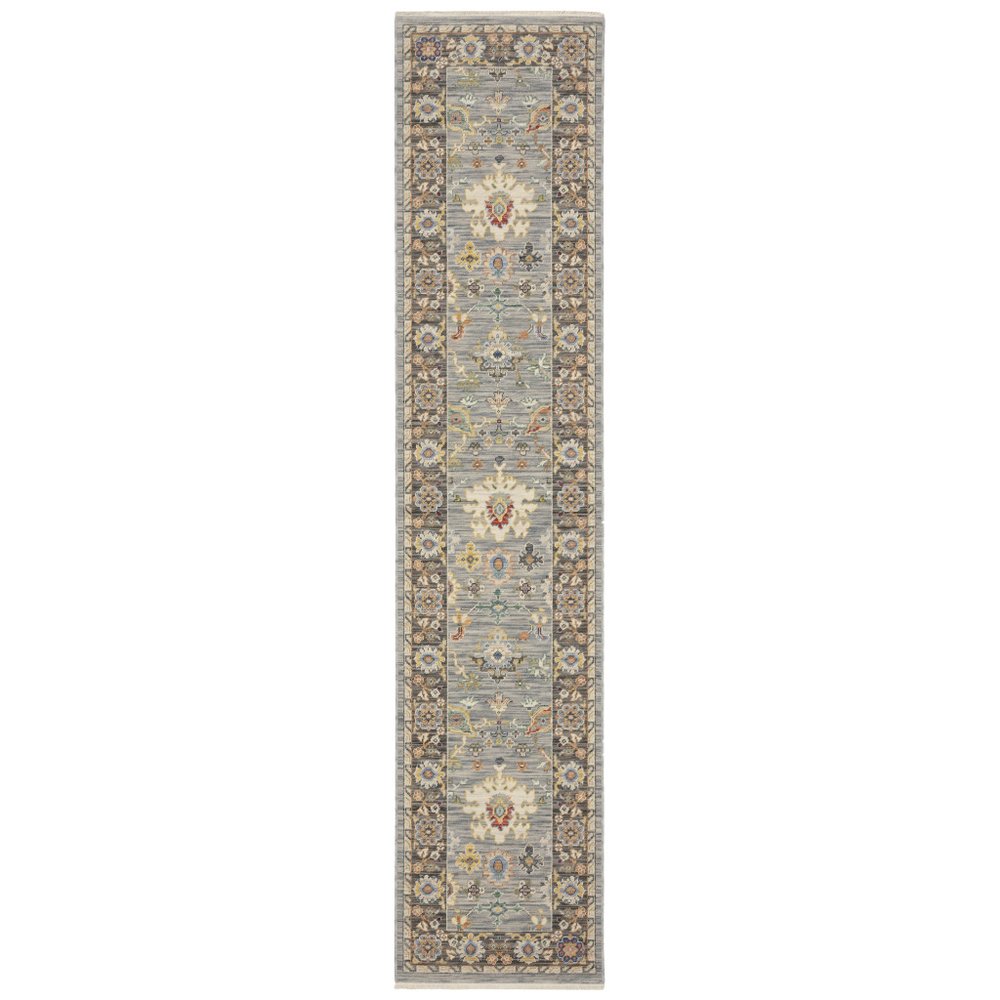 12' Blue And Gray Genuine Wool Oriental Runner Rug With Fringe