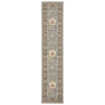 12' Blue And Gray Genuine Wool Oriental Runner Rug With Fringe