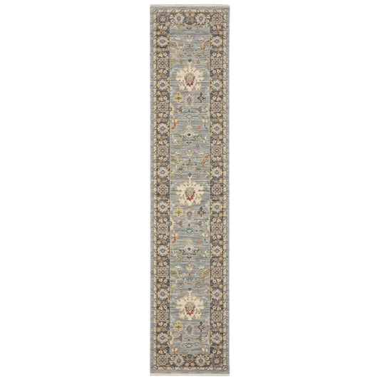 12' Blue And Gray Genuine Wool Oriental Runner Rug With Fringe