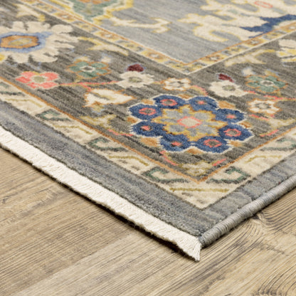 2' X 10' Blue And Gray Oriental Power Loom Runner Rug With Fringe