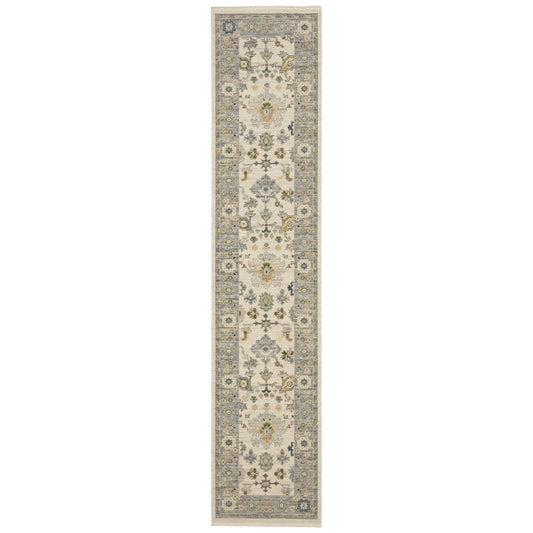 12' Blue And Ivory Genuine Wool Oriental Runner Rug With Fringe