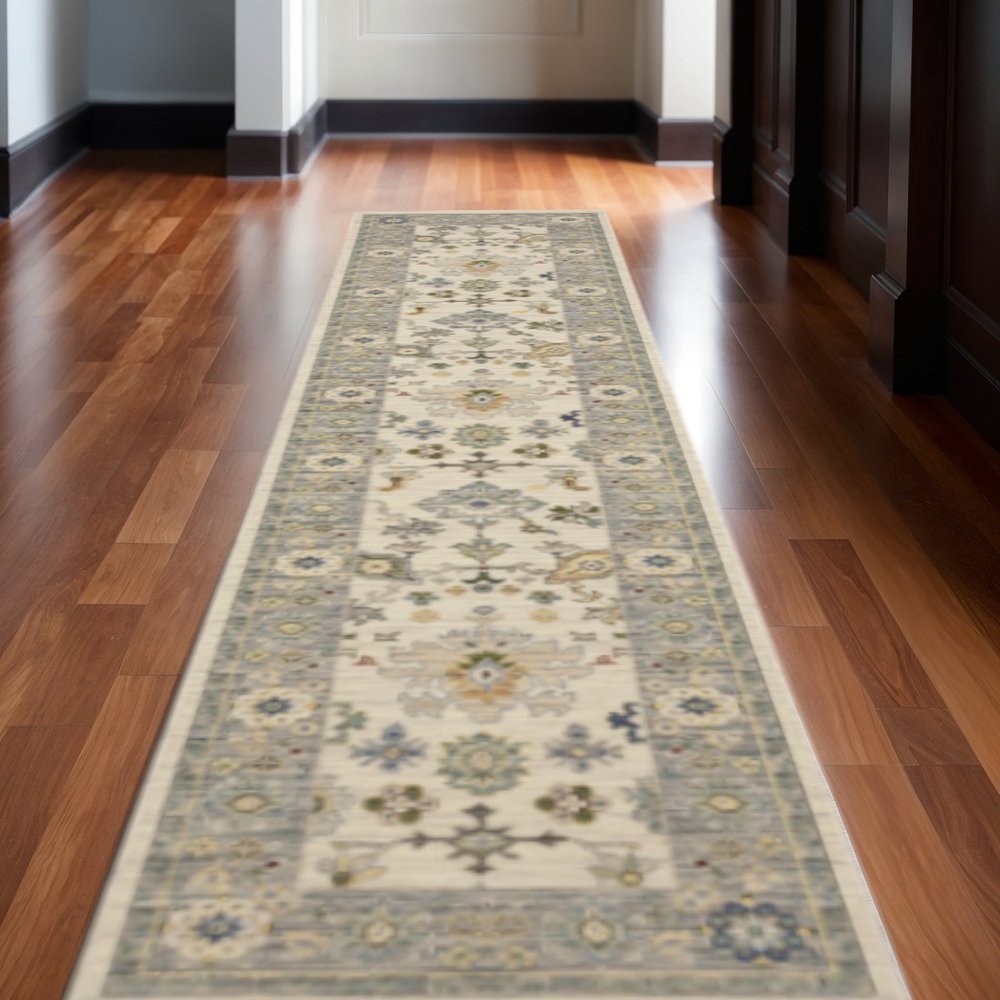 12' Blue And Ivory Genuine Wool Oriental Runner Rug With Fringe
