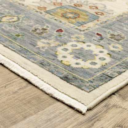 12' Blue And Ivory Genuine Wool Oriental Runner Rug With Fringe